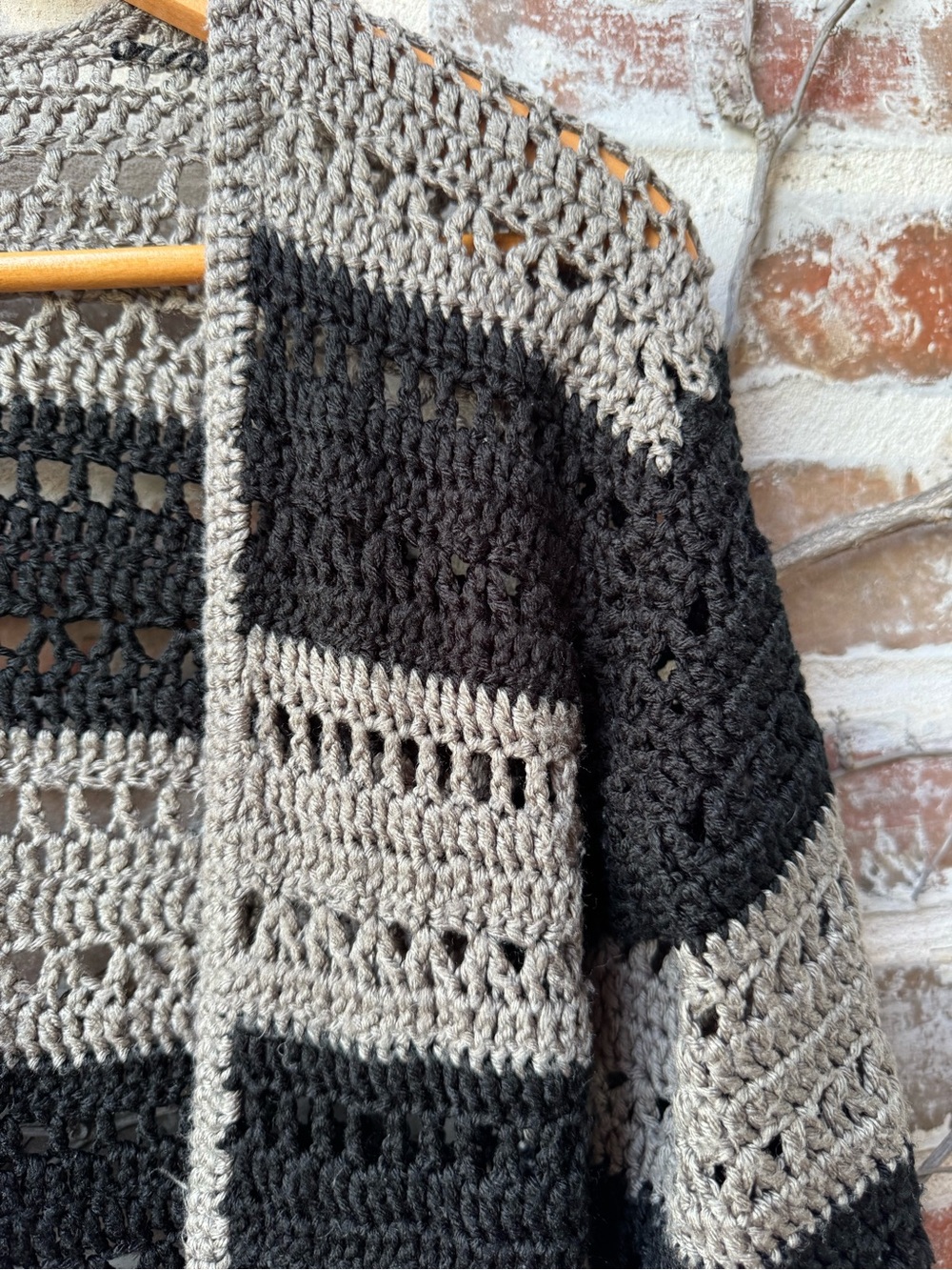 Handmade Crochet Striped Duster Cardigan – Black & Grey Size Small - Picture 3 of 7